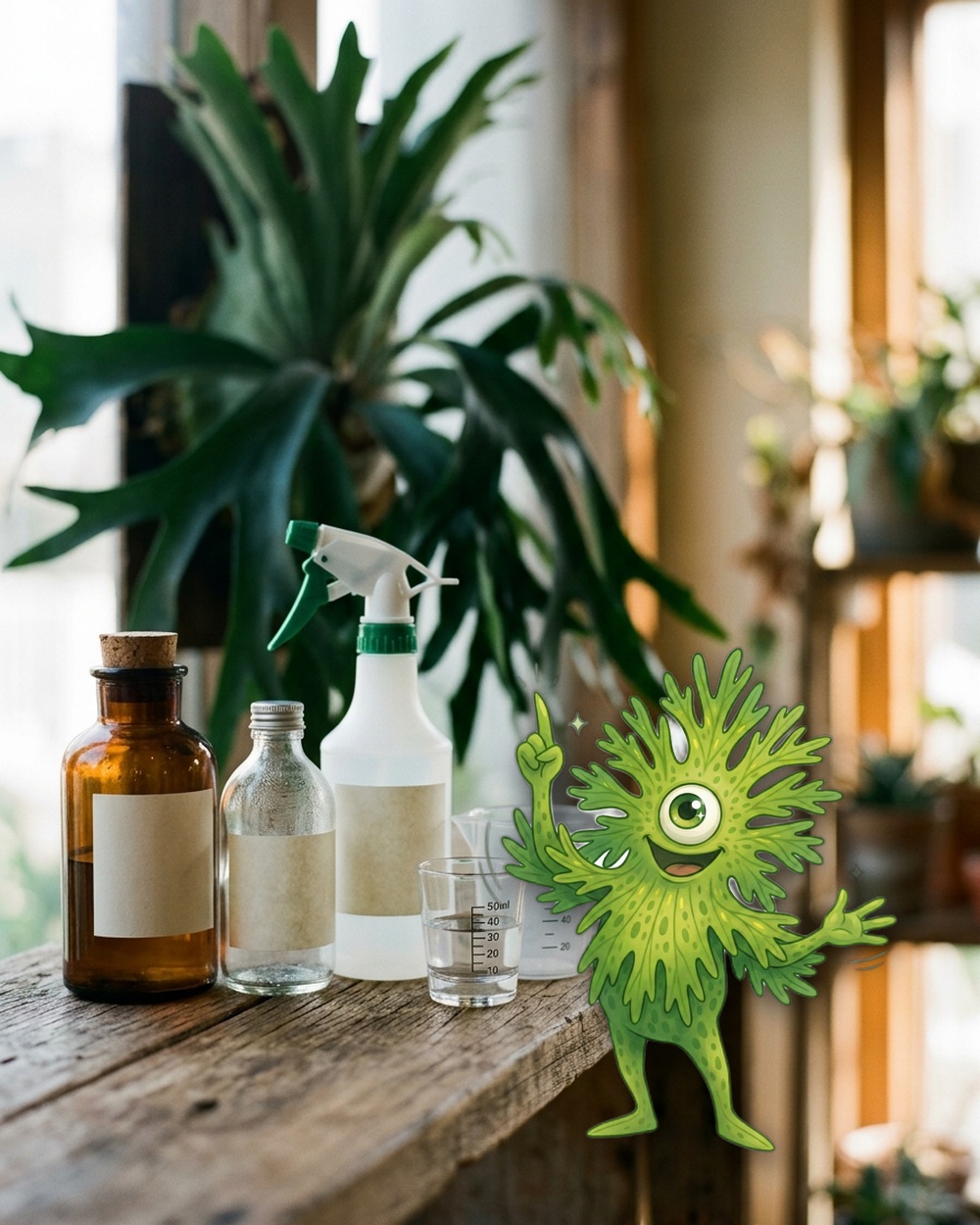 薬剤のボトルと霧吹きを前に解説するビカキンちゃん
