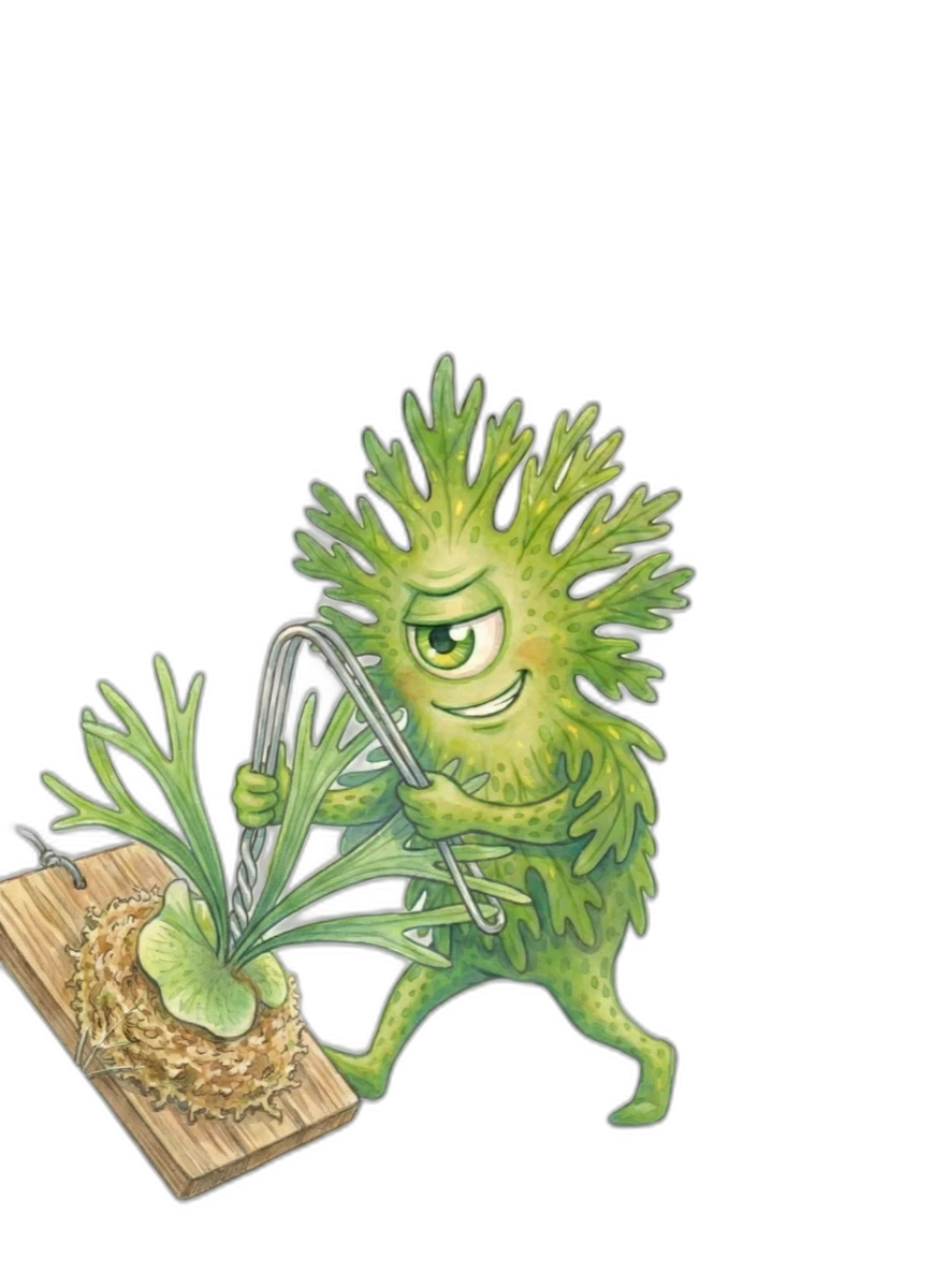 ビカクシダの誘引テクニック その3｜ねじりワイヤーで胞子葉をハの字に広げる